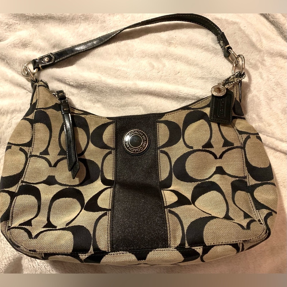 💥 Big Price Drop Coach Bag/Coach Signature Strap Hobo Bag  Purse Gray/Black
